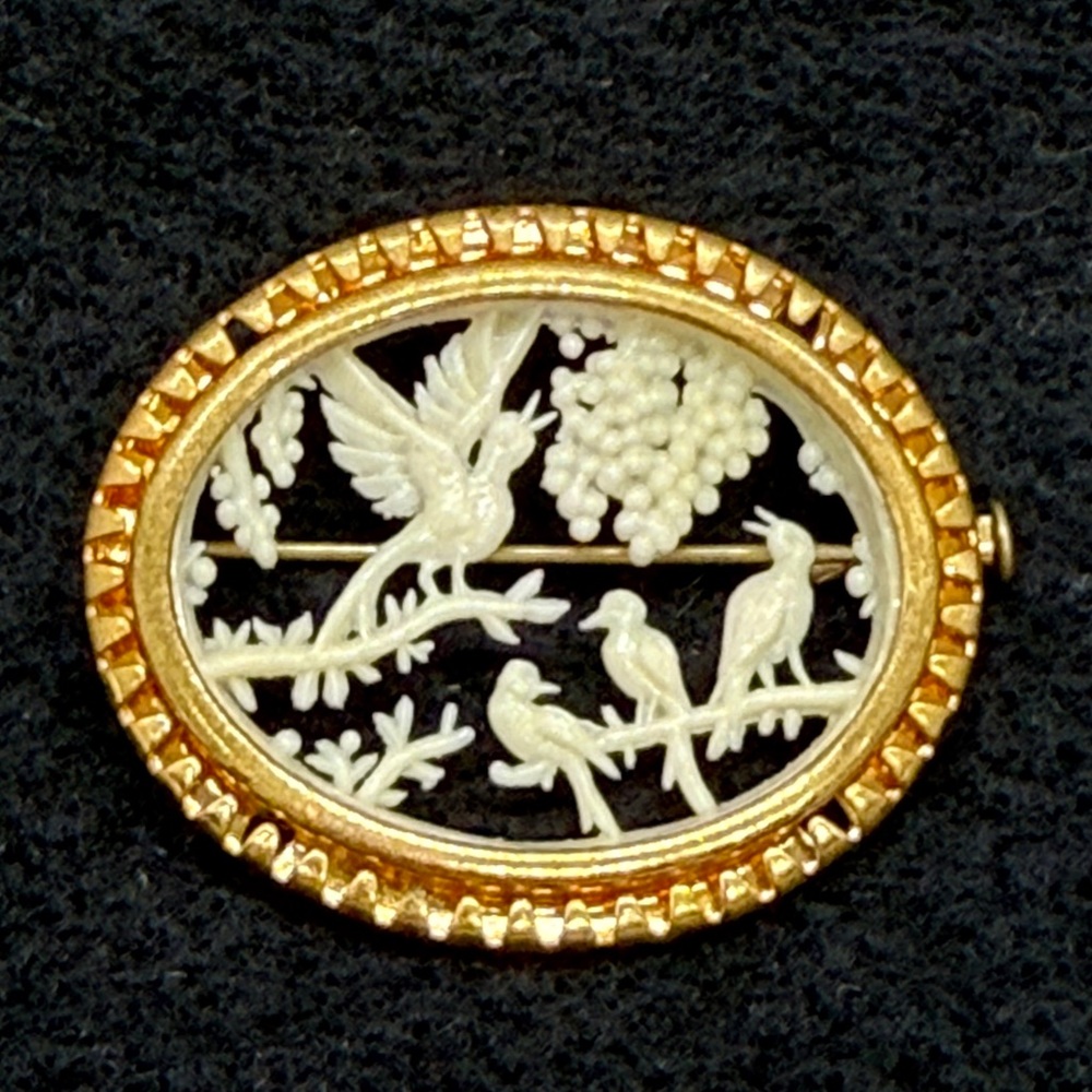 French Celluloid Cutout Birds and Grapes Brooch - Trombone Clasp Vintage
